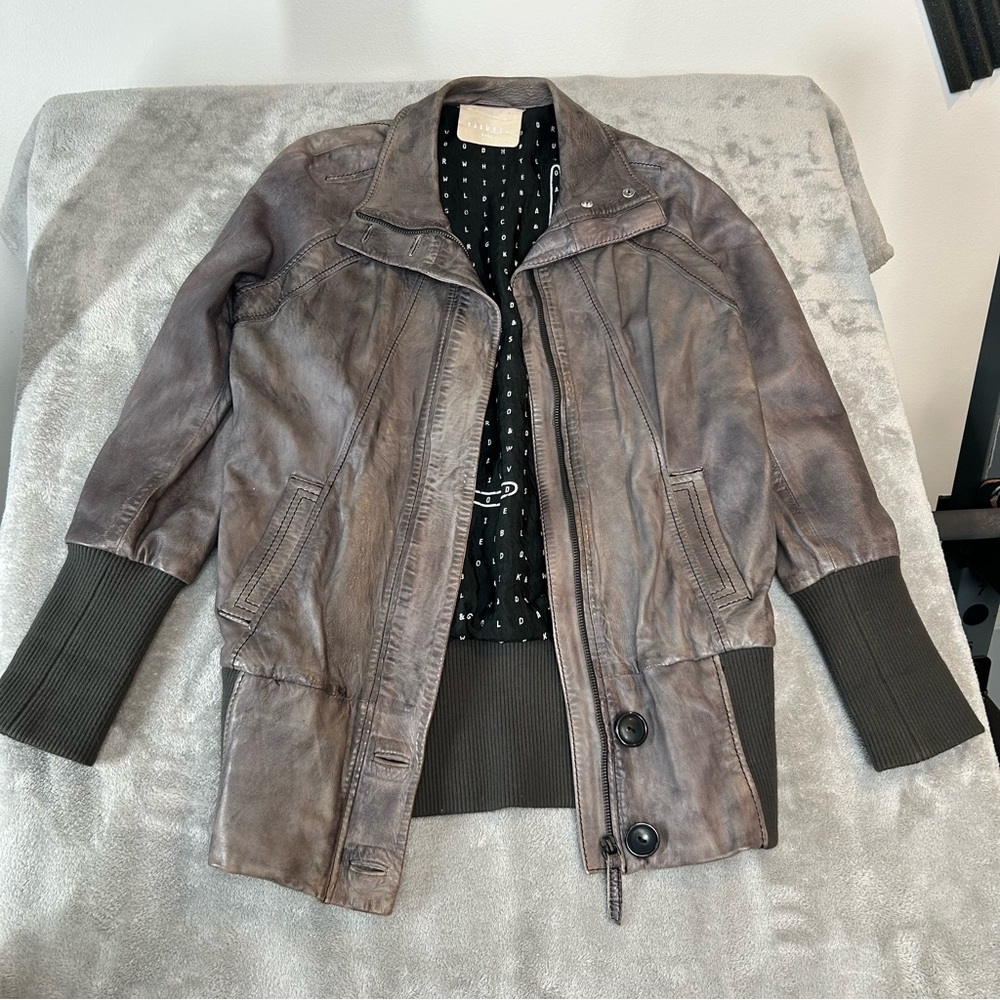 Women's Brown Leather Bomber Jacket with Ribbed‎ Cuffs and Waistband